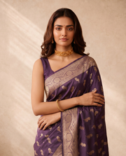 Golden Purple Lichi Silk Zari Butti Saree