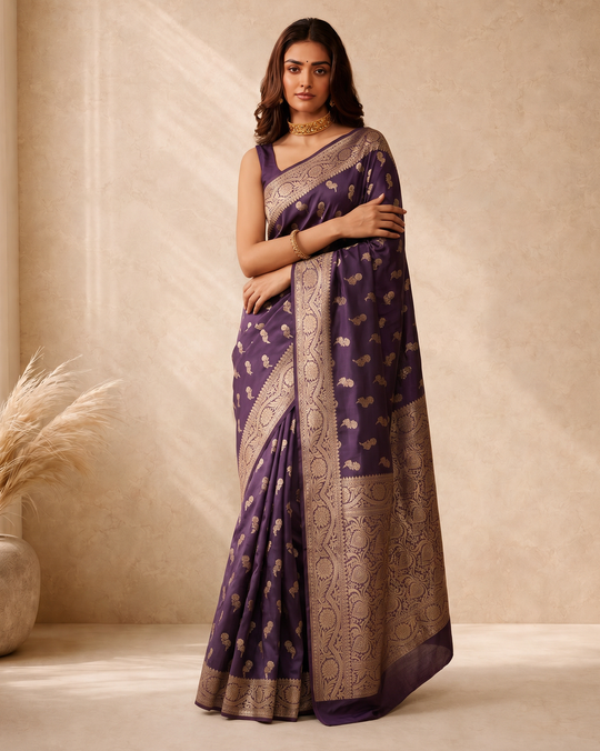Golden Purple Lichi Silk Zari Butti Saree