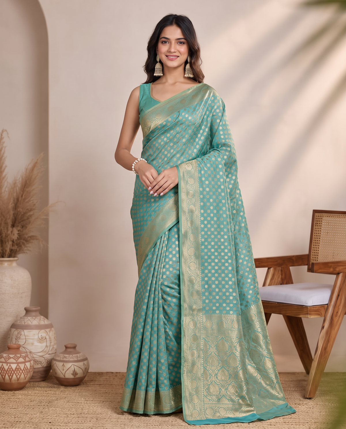 Golden Sky Blue Lichi Silk Saree with Zari Butti Rich Woven Pallu