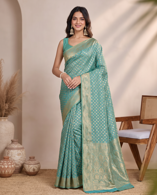 Golden Sky Blue Lichi Silk Saree with Zari Butti Rich Woven Pallu