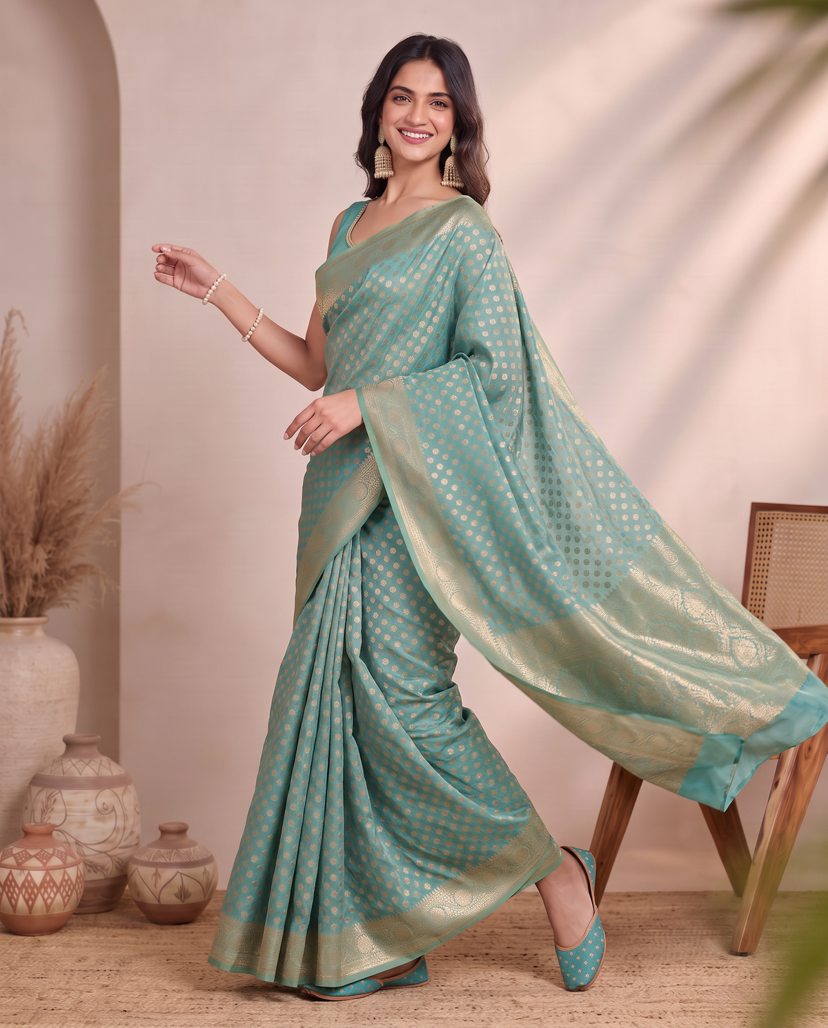 Golden Sky Blue Lichi Silk Saree with Zari Butti Rich Woven Pallu