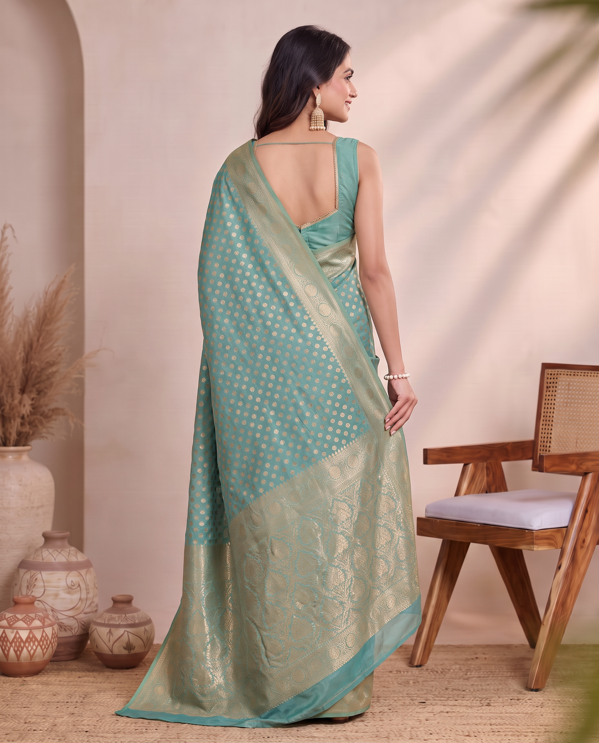 Golden Sky Blue Lichi Silk Saree with Zari Butti Rich Woven Pallu