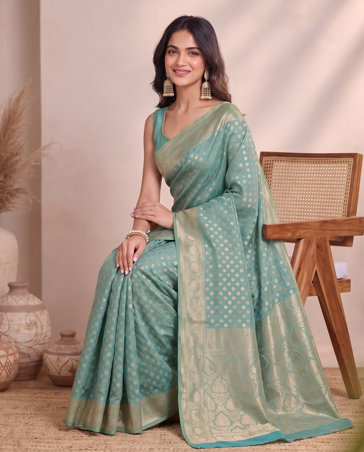 Golden Sky Blue Lichi Silk Saree with Zari Butti Rich Woven Pallu