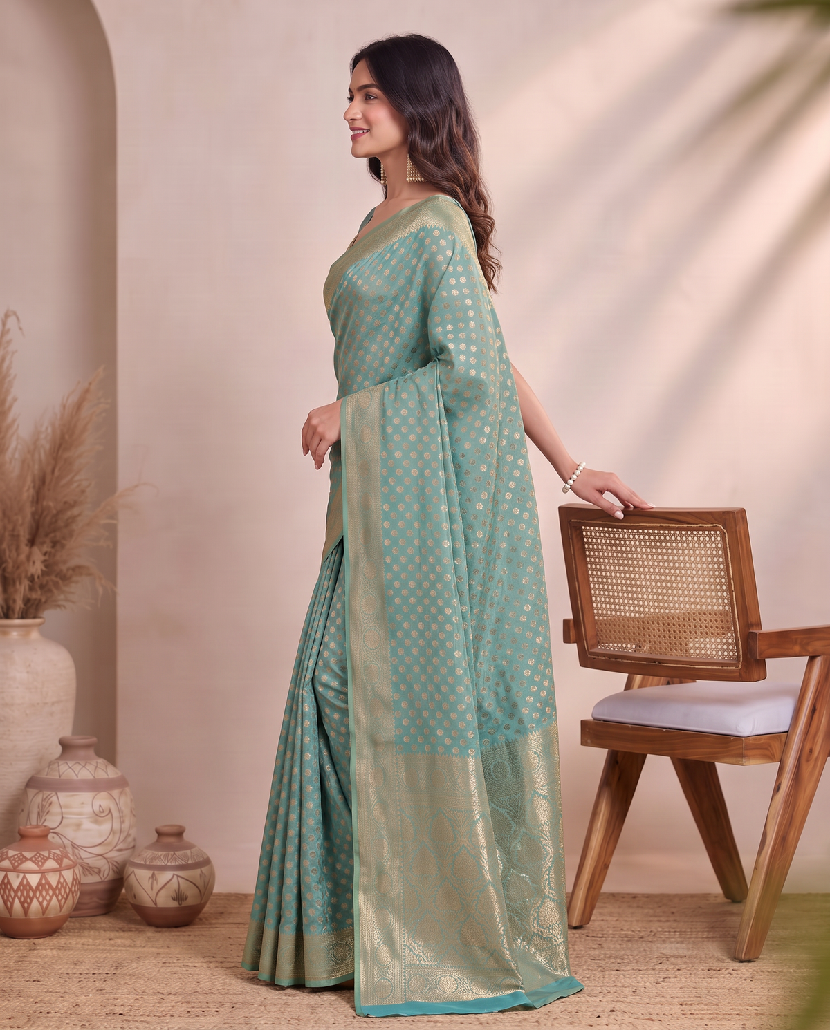 Golden Sky Blue Lichi Silk Saree with Zari Butti Rich Woven Pallu