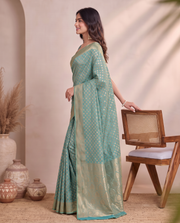 Golden Sky Blue Lichi Silk Saree with Zari Butti Rich Woven Pallu