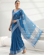 Blue Cotton Fancy Stripe Zari Butti Saree
