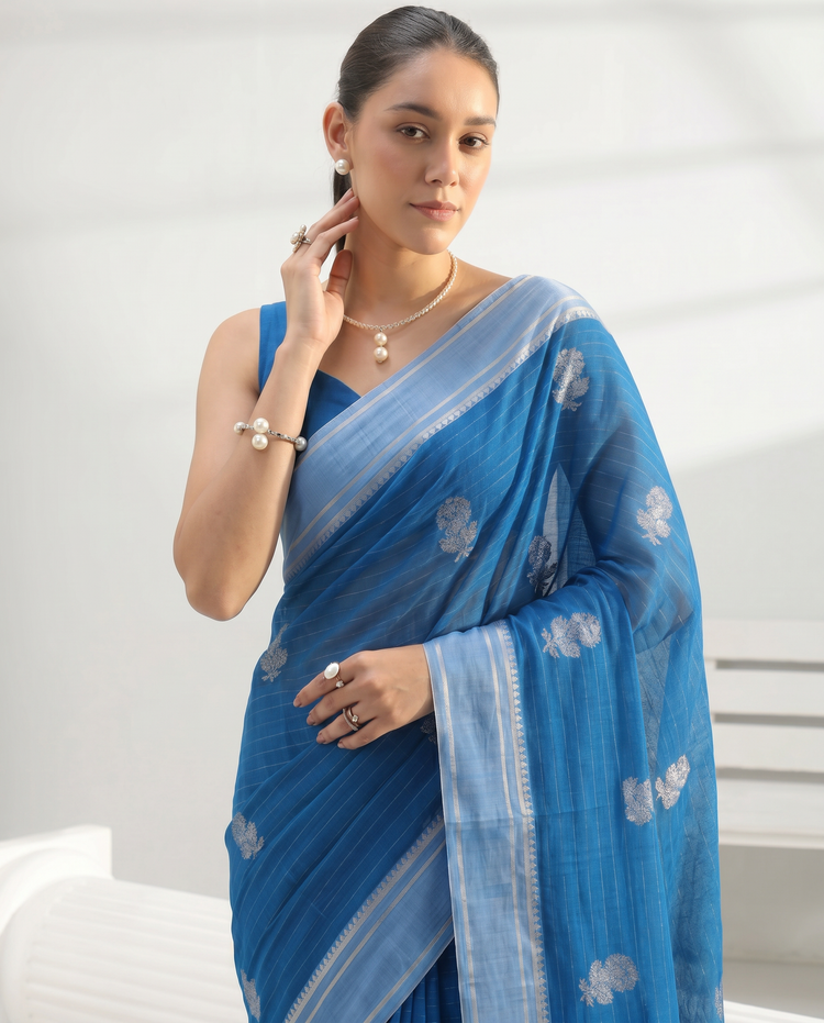 Blue Cotton Fancy Stripe Zari Butti Saree