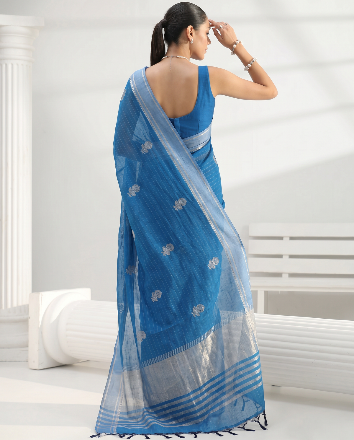 Blue Cotton Fancy Stripe Zari Butti Saree
