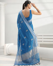 Blue Cotton Fancy Stripe Zari Butti Saree