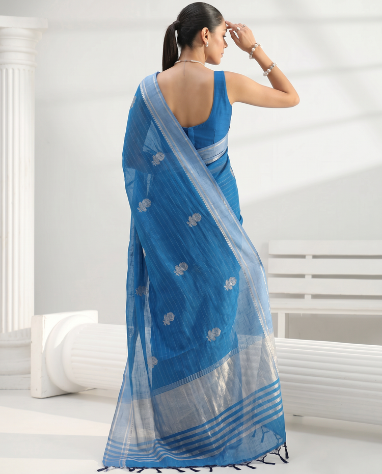 Blue Cotton Fancy Stripe Zari Butti Saree