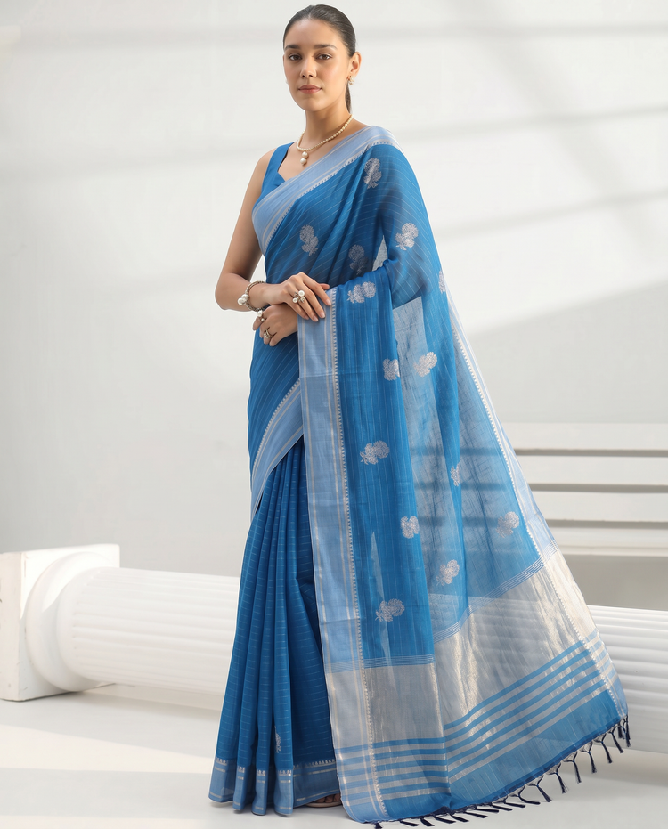 Blue Cotton Fancy Stripe Zari Butti Saree