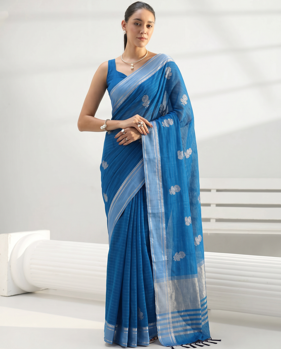 Blue Cotton Fancy Stripe Zari Butti Saree