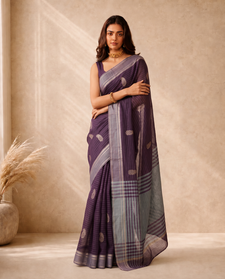 Purple Cotton Saree with Zari Butti Design