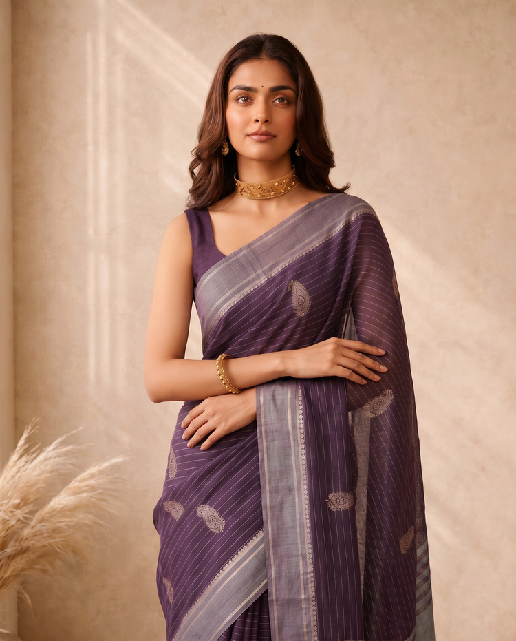 Purple Cotton Saree with Zari Butti Design