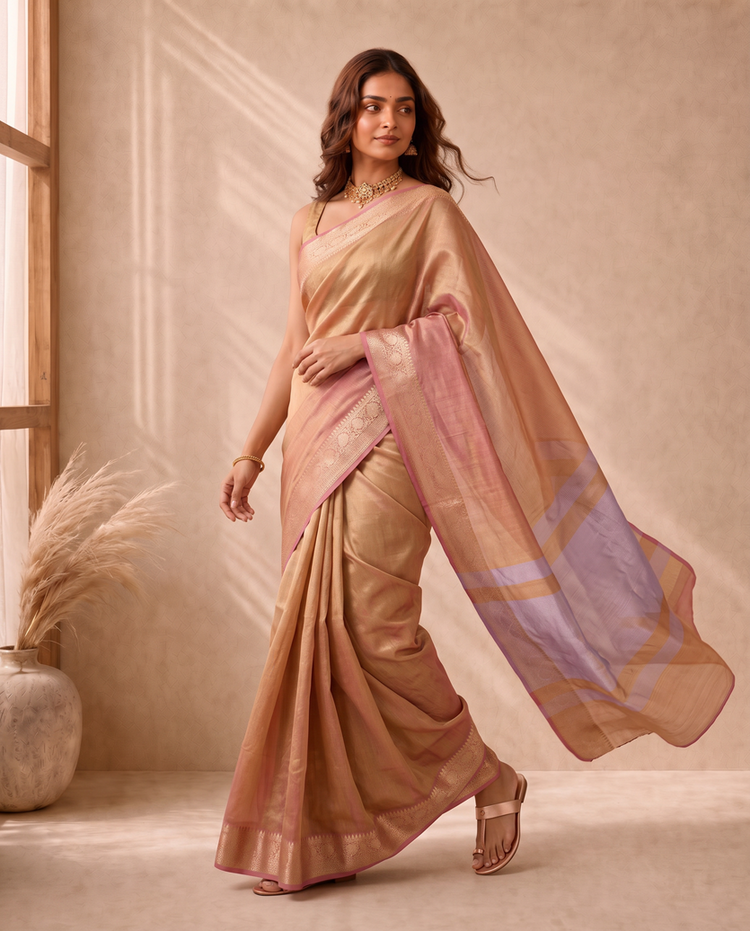 Copper Brown Tissue Fancy Crush Saree
