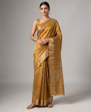 Gold Orange Tissue Fancy Saree with Elegant Golden Woven Floral Design