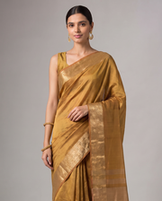 Gold Orange Tissue Fancy Saree with Elegant Golden Woven Floral Design