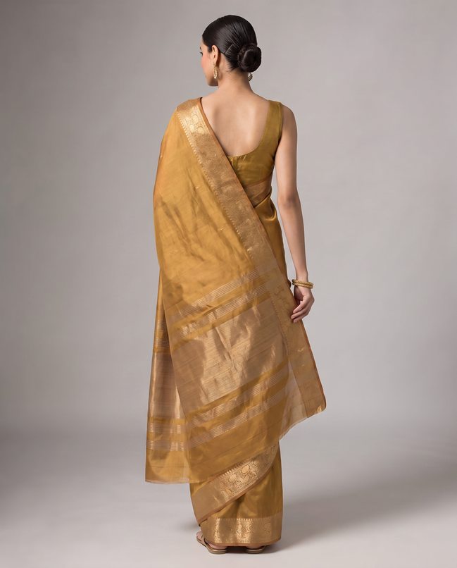 Gold Orange Tissue Fancy Saree with Elegant Golden Woven Floral Design