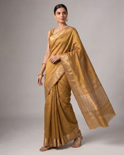 Gold Orange Tissue Fancy Saree with Elegant Golden Woven Floral Design