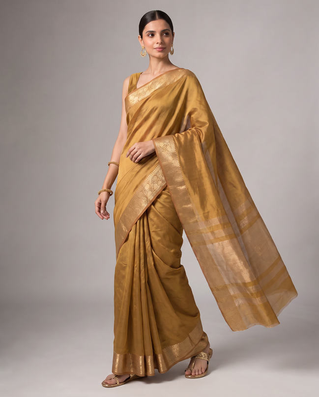 Gold Orange Tissue Fancy Saree with Elegant Golden Woven Floral Design