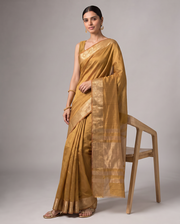 Gold Orange Tissue Fancy Saree with Elegant Golden Woven Floral Design