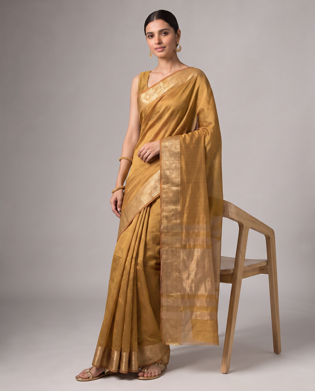 Gold Orange Tissue Fancy Saree with Elegant Golden Woven Floral Design