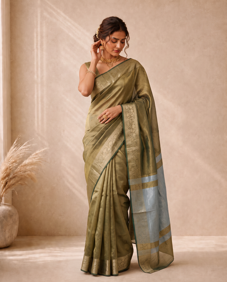 Khaki Tissue Fancy Saree with Rich Woven Pallu