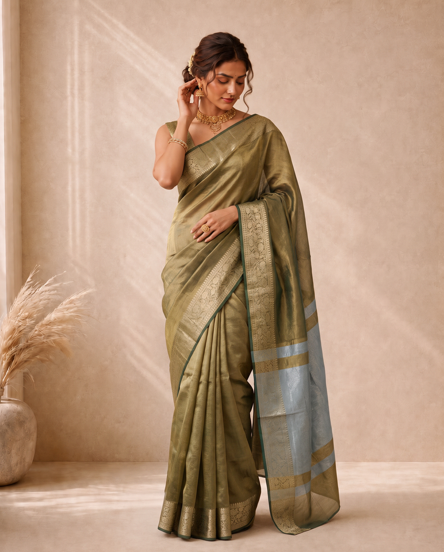 Khaki Tissue Fancy Saree with Rich Woven Pallu