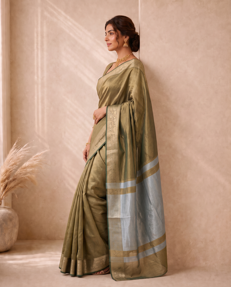 Khaki Tissue Fancy Saree with Rich Woven Pallu