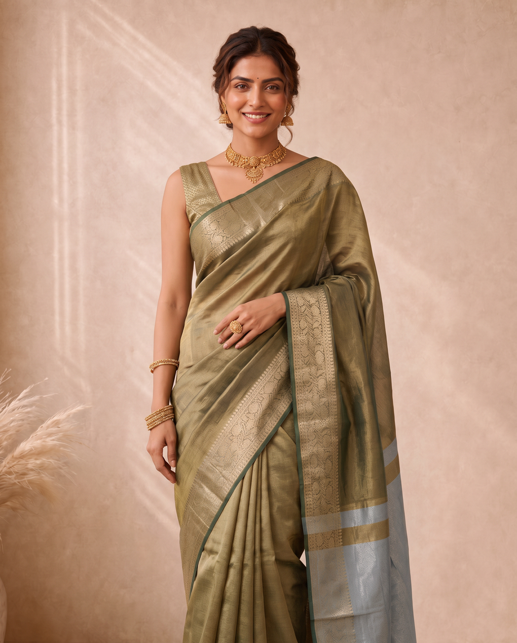 Khaki Tissue Fancy Saree with Rich Woven Pallu