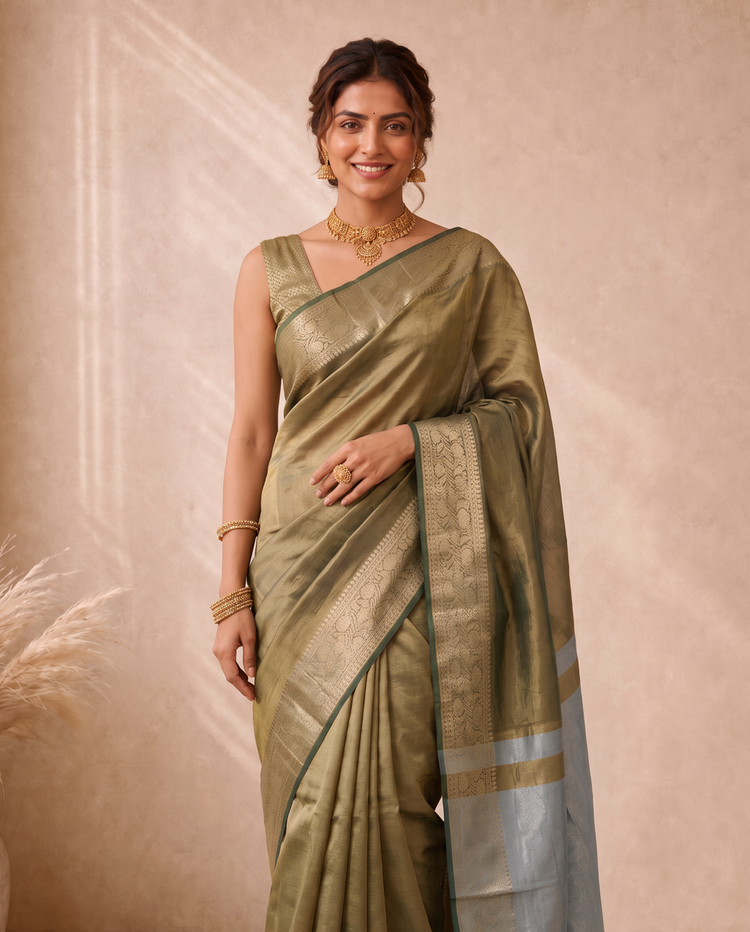 Khaki Tissue Fancy Saree with Rich Woven Pallu