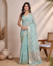Teal Blue Tissue Fancy Embroidery Saree