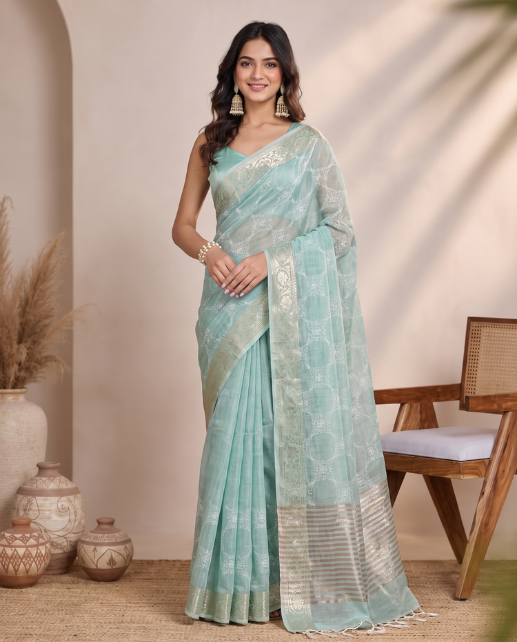 Teal Blue Tissue Fancy Embroidery Saree