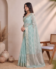 Teal Blue Tissue Fancy Embroidery Saree
