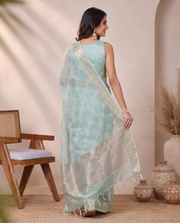 Teal Blue Tissue Fancy Embroidery Saree
