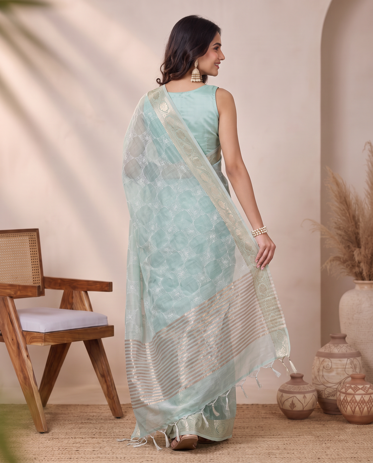 Teal Blue Tissue Fancy Embroidery Saree