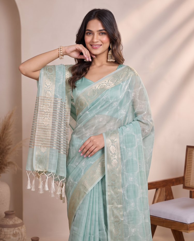 Teal Blue Tissue Fancy Embroidery Saree
