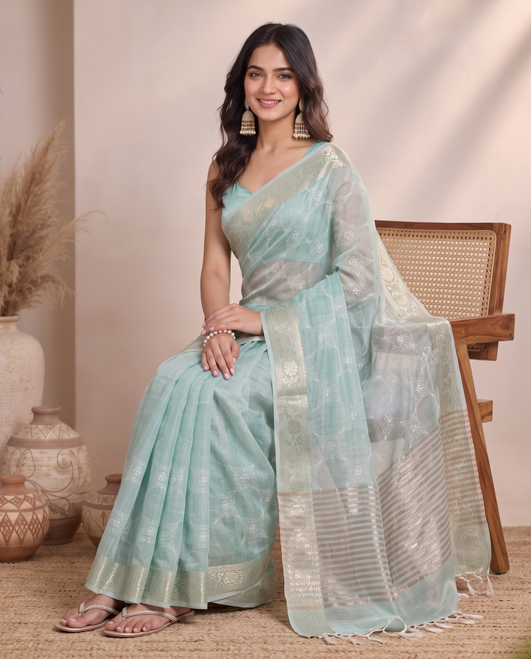 Teal Blue Tissue Fancy Embroidery Saree