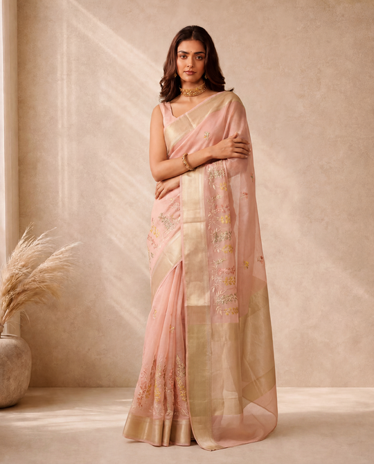 Pink Munga Weaving Embroidery Saree