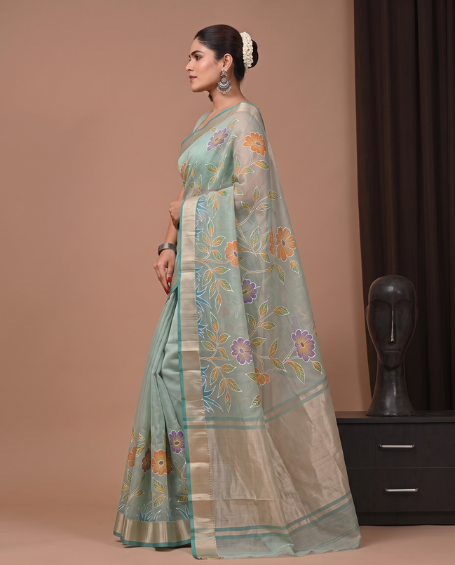 Green Kota Tissue Hand Dye Cut Saree