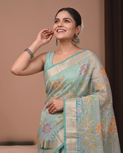 Green Kota Tissue Hand Dye Cut Saree