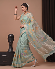 Green Kota Tissue Hand Dye Cut Saree