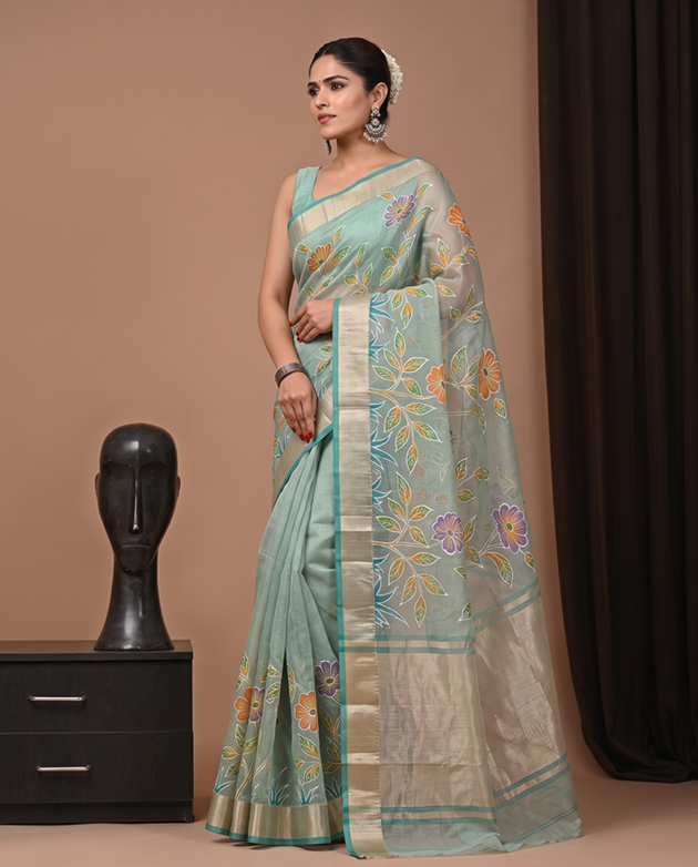 Green Kota Tissue Fancy Embroidery Hand Dye Weaving Banarasi Border Saree