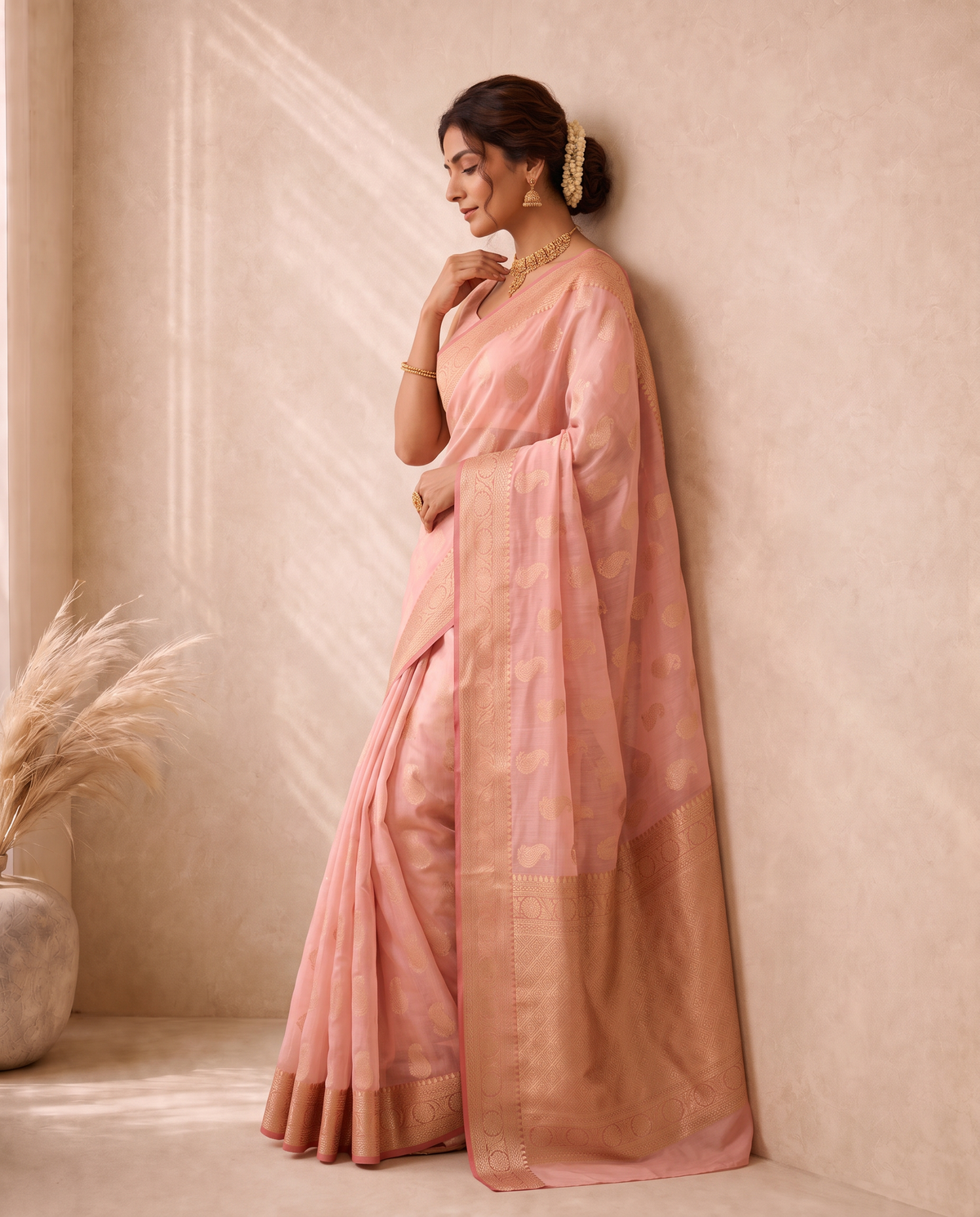 Dusty Pink Munga Kota Cotton Banarasi Embroidery Saree