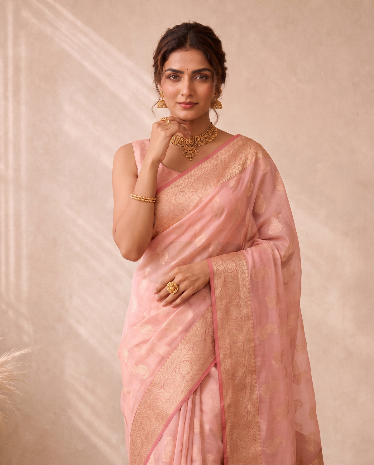 Dusty Pink Munga Kota Cotton Banarasi Embroidery Saree