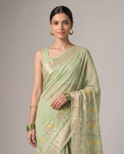 Pastel Green Munga Kota Cotton Banarasi Saree with Elegant Floral Embroidery
