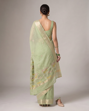 Pastel Green Munga Kota Cotton Banarasi Saree with Elegant Floral Embroidery