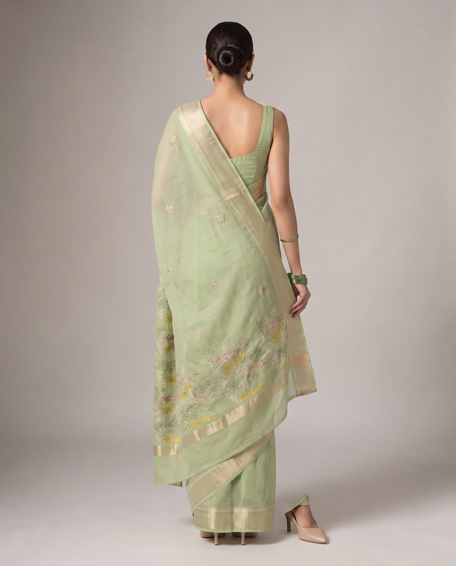 Pastel Green Munga Kota Cotton Banarasi Saree with Elegant Floral Embroidery