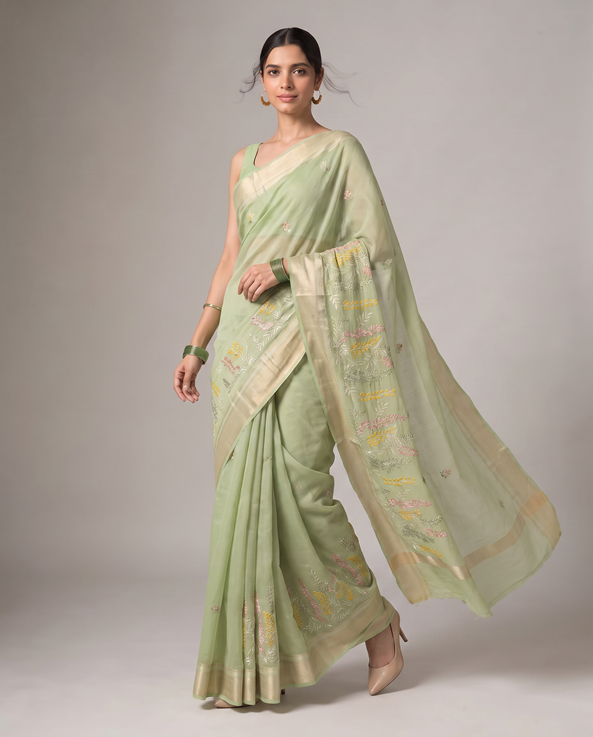 Pastel Green Munga Kota Cotton Banarasi Saree with Elegant Floral Embroidery