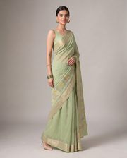 Pastel Green Munga Kota Cotton Banarasi Saree with Elegant Floral Embroidery
